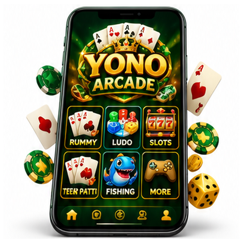 AI-generated Yono Arcade branded mobile mockup, not an actual verified app screenshot