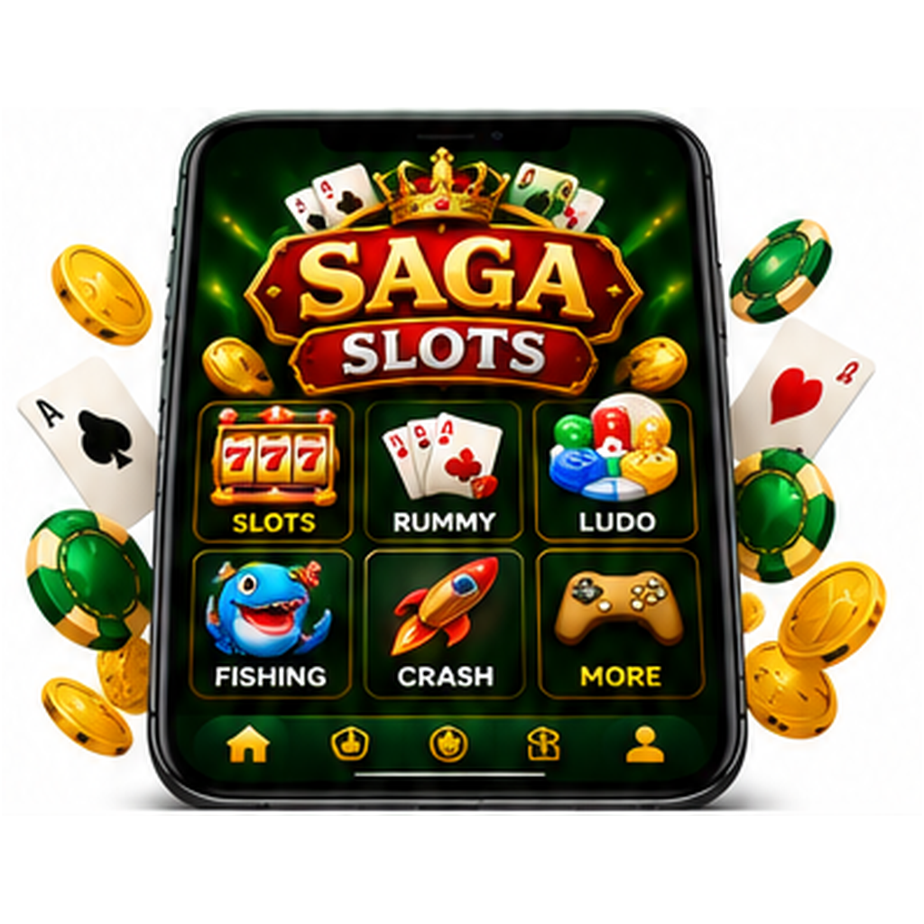 Illustrative AI-generated Saga Slots smartphone mockup, not a real APK screenshot