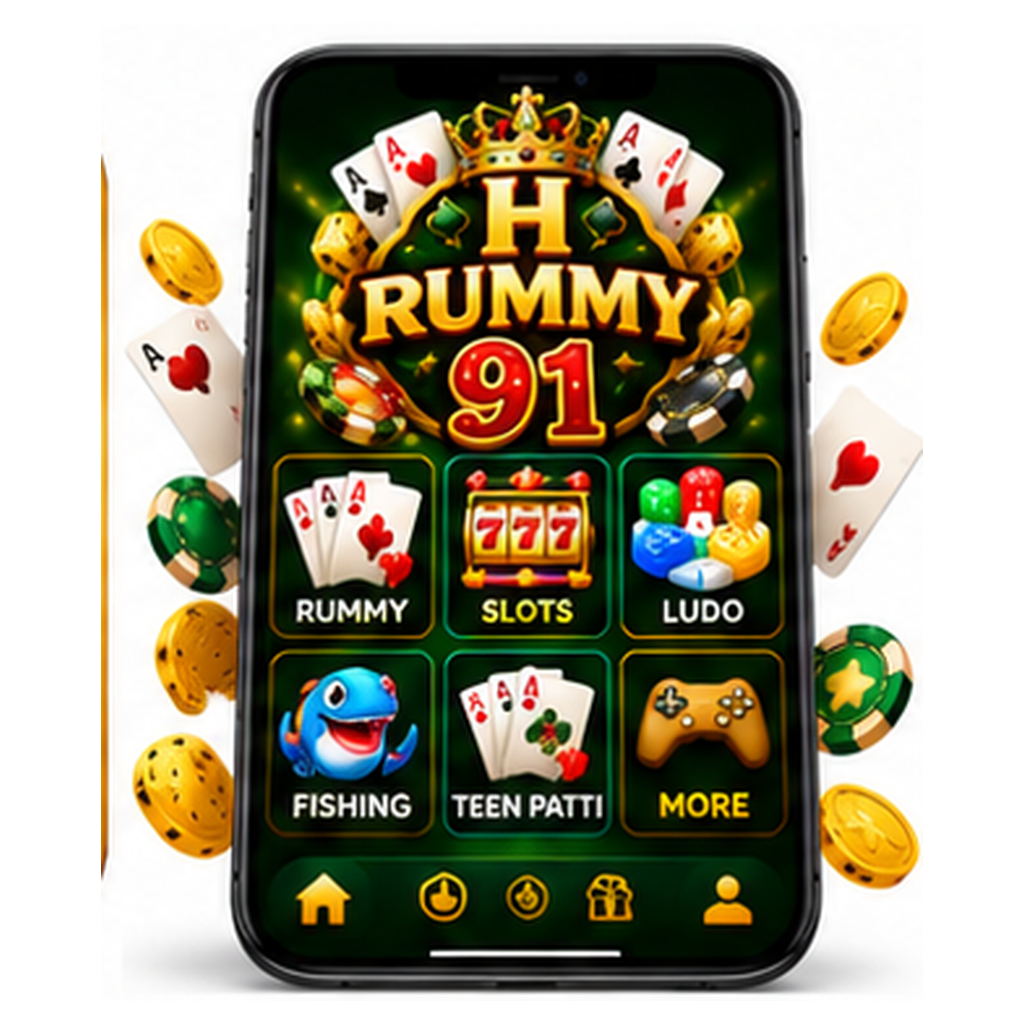 Illustrative AI-generated H Rummy 91 smartphone mockup, not a real APK screenshot