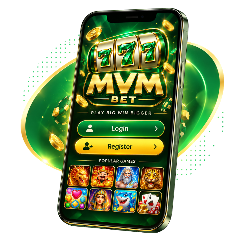 MVM BET promotional mobile mockup featuring 777 slot themed artwork