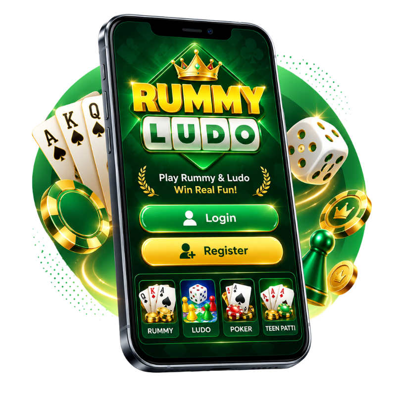 Illustrative RummyLudo mobile phone mockup with game-themed interface